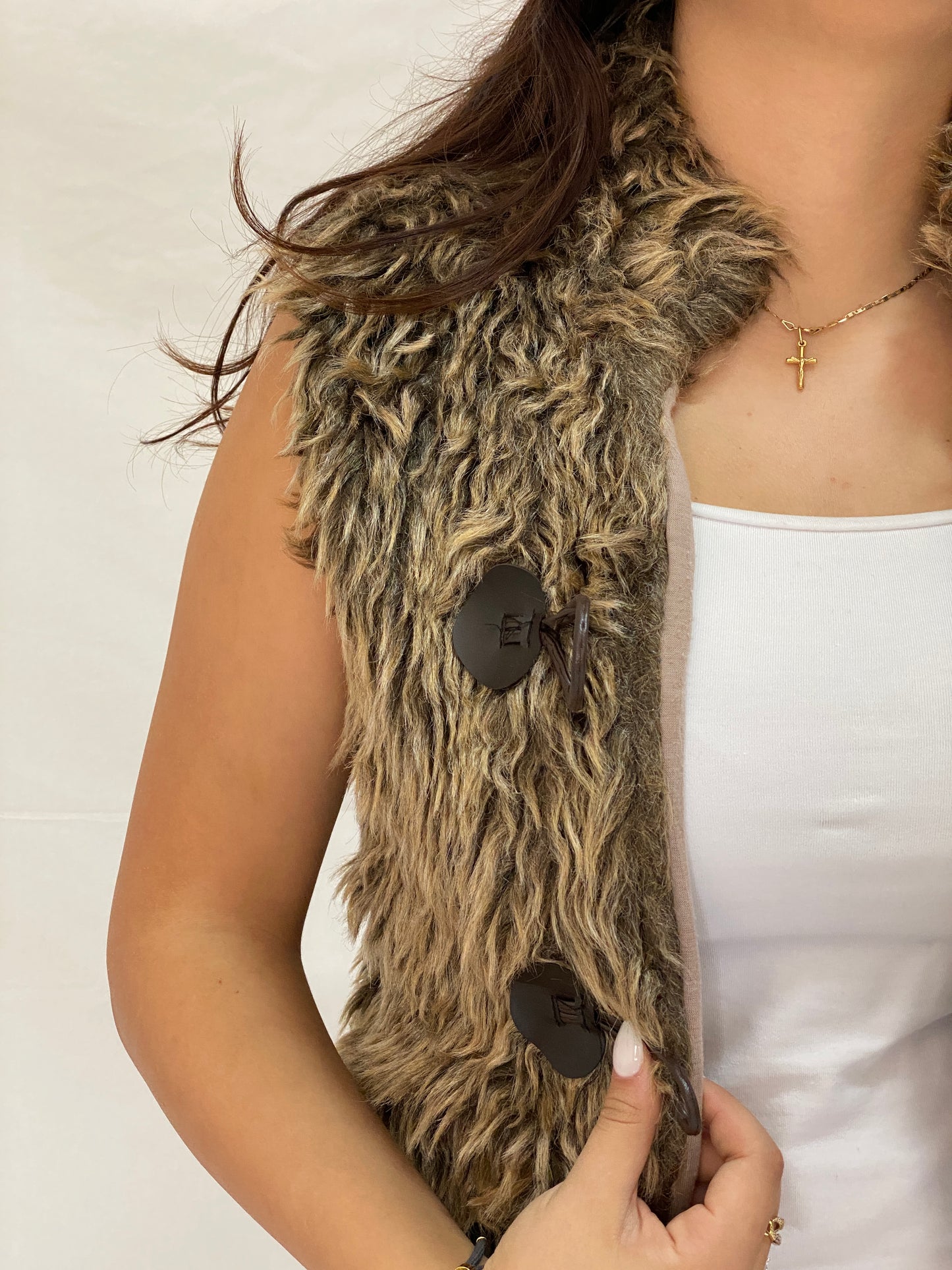 Vintage Shaggy Faux Fur Brown Sleeveless Boho Vest with Toggle Buttons - M