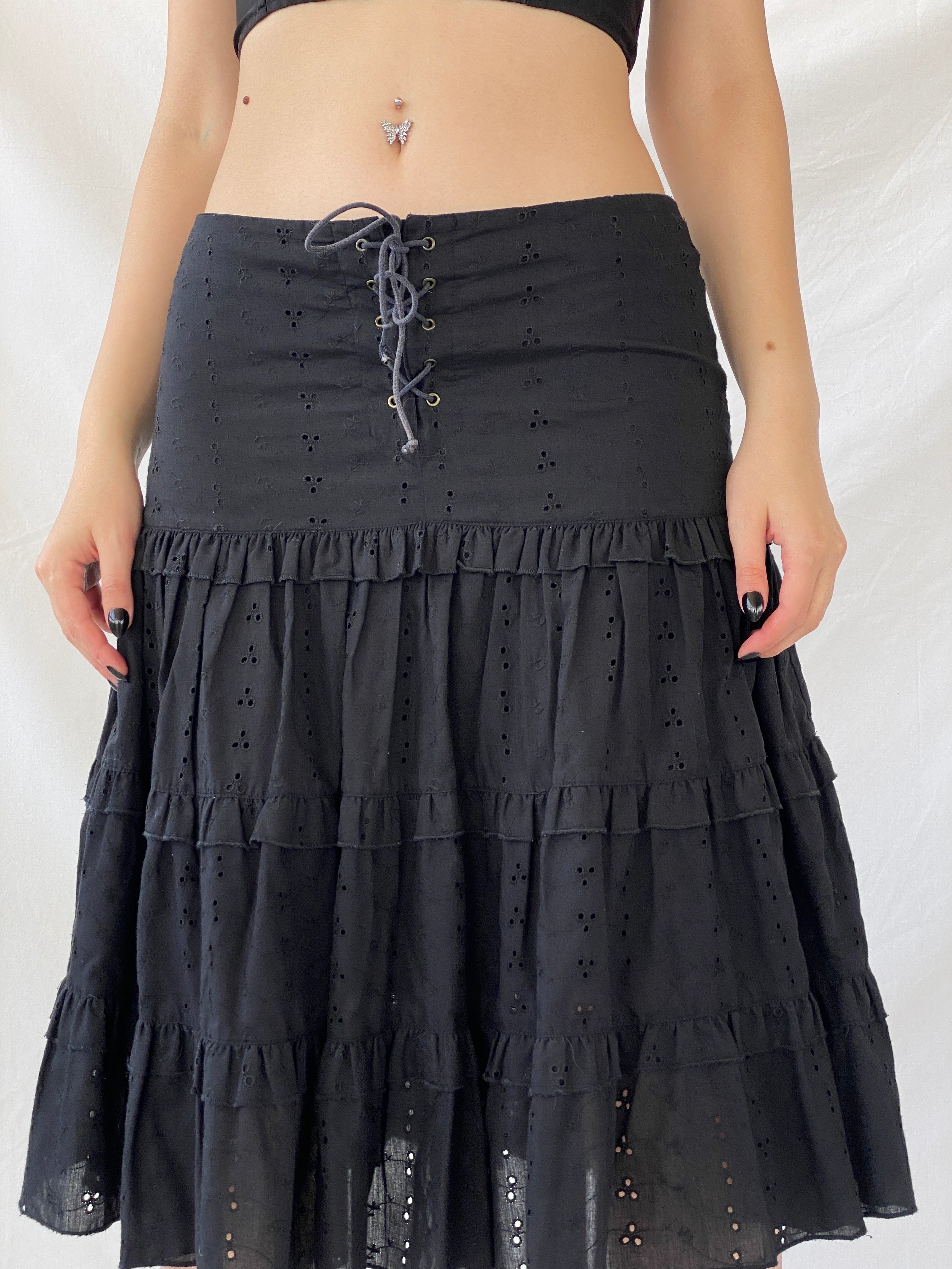 Vintage Y2K Morgan De Toi Tiered Flouncy Black Midi Skirt - M
