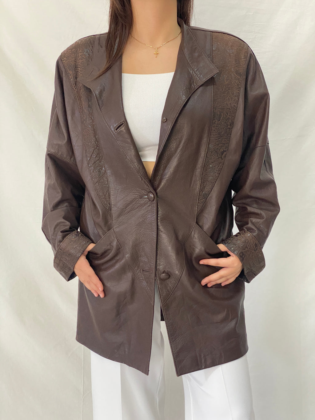 Vintage 1985 Brown Leather Blazer Coat Spanish Sheepskin Embossed Patchwork Jacket - L