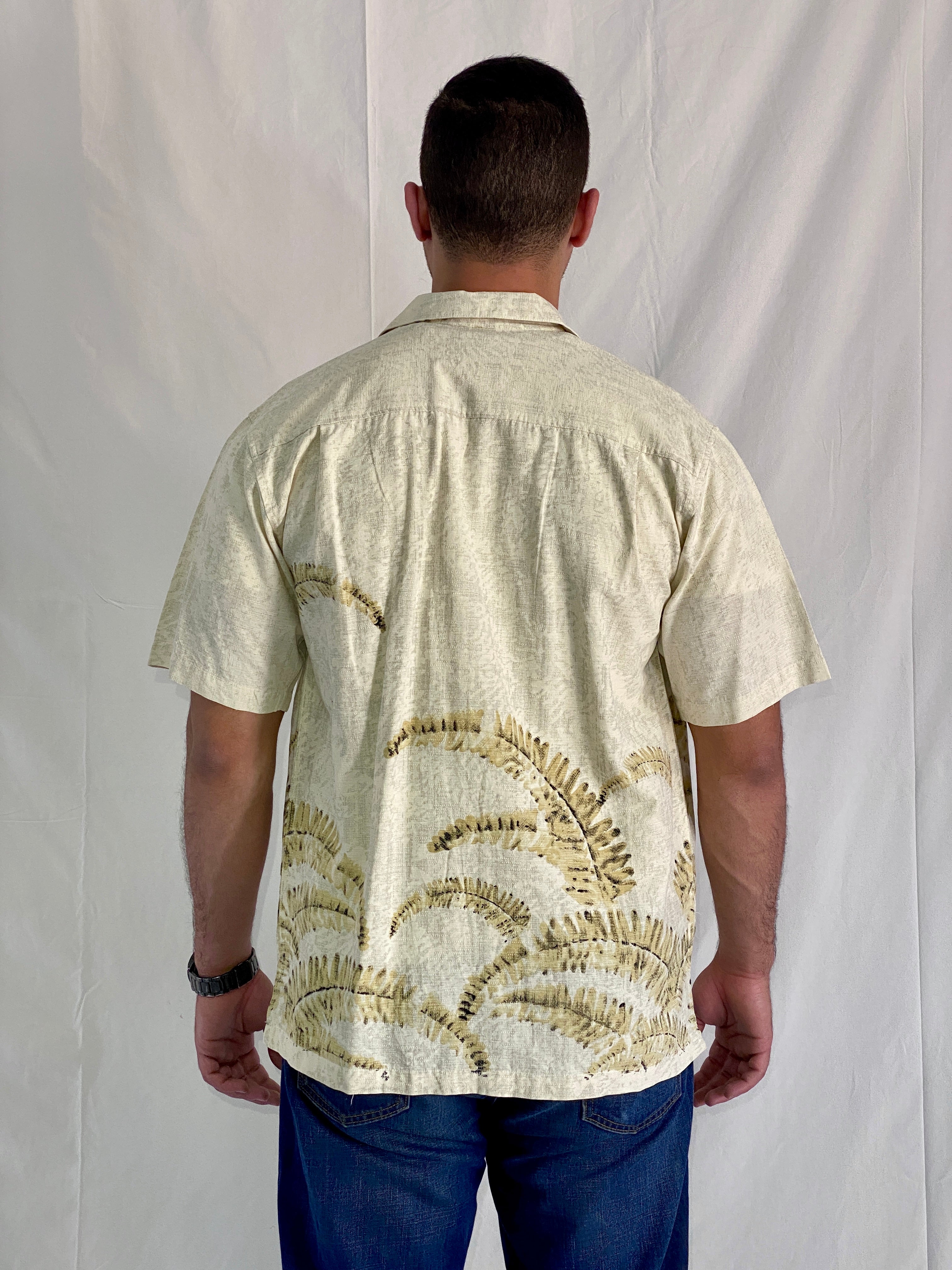 Vintage IZOD Silk-Cotton Blend Palm Print Beige Resort Men’s Shirt - L