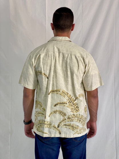 Vintage IZOD Silk-Cotton Blend Palm Print Beige Resort Men’s Shirt - L