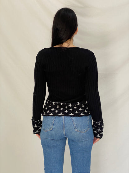 Vintage 90s Y2K Whisper Black Ribbed Knit Heart Trim Top Long Sleeve Fitted Sweater - M