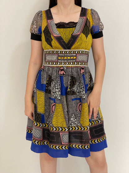 Y2K Whimsical Vini Kawen Mustard Geometric Embellished Dress – M