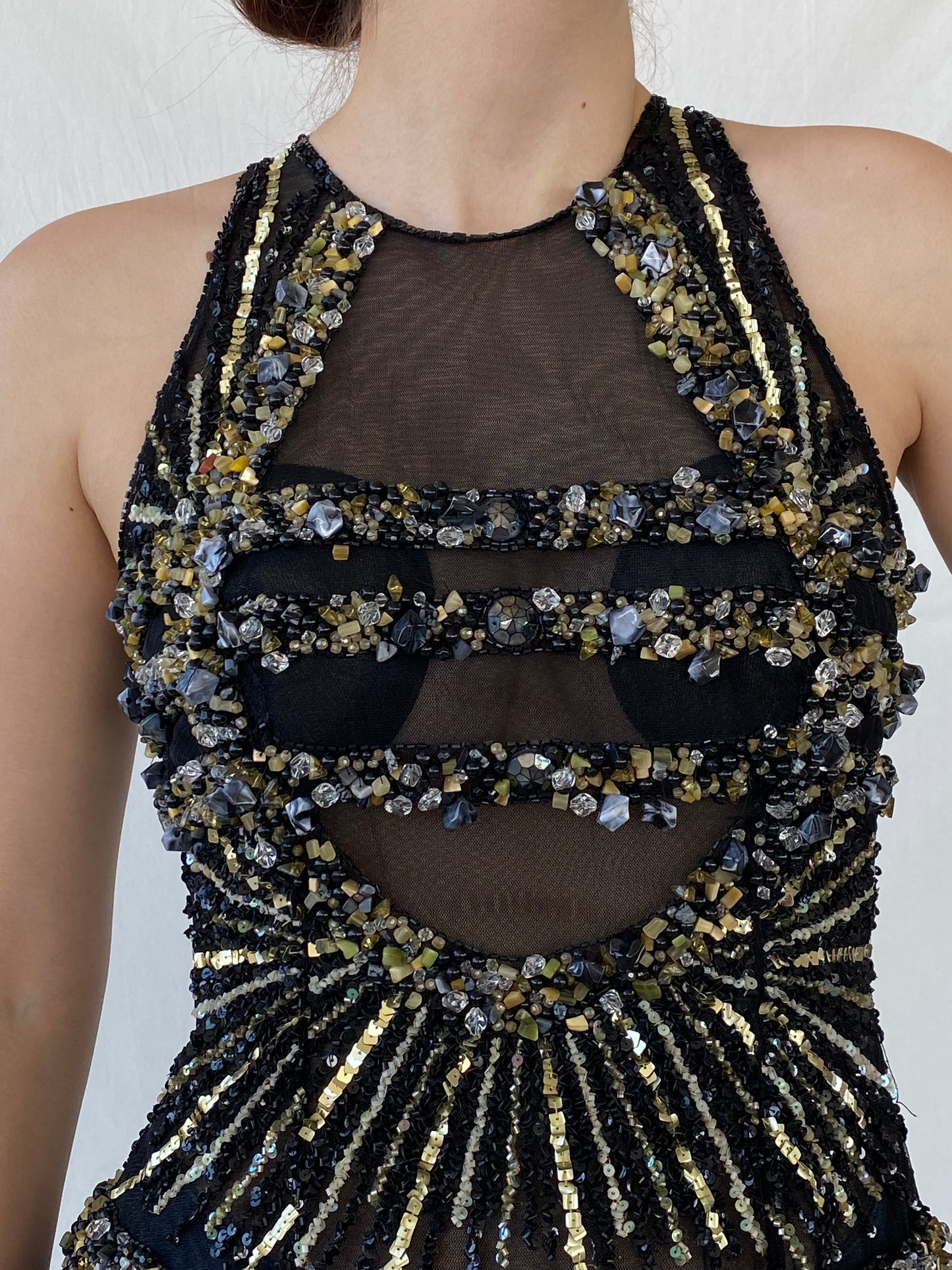 Absolutely Stunning Black Sheer Party Top Embellished with Black and Gold Beads and Sequins - S