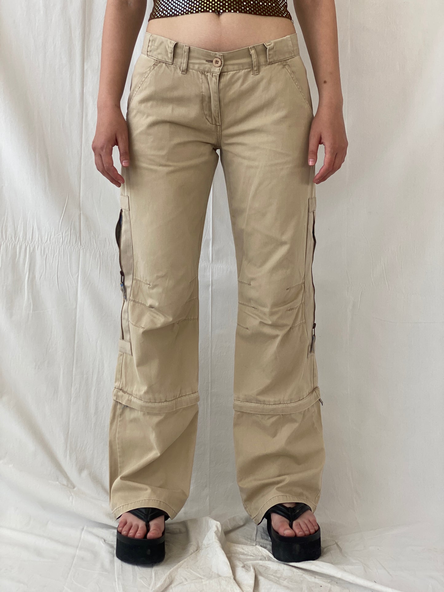 Y2K IDPDT Beige Low Rise Wide Leg Adjustable Length Cargo Pants - M