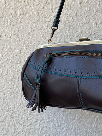 Vintage Y2K Worthington Brown PVC Teal Trim Frame Shoulder Bag