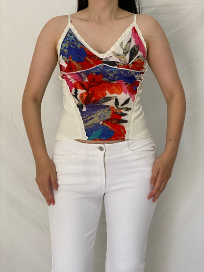 Vintage Y2K Abstract Floral Print Crochet Trim Cami Top Multicolor Knit Panel Cami - M