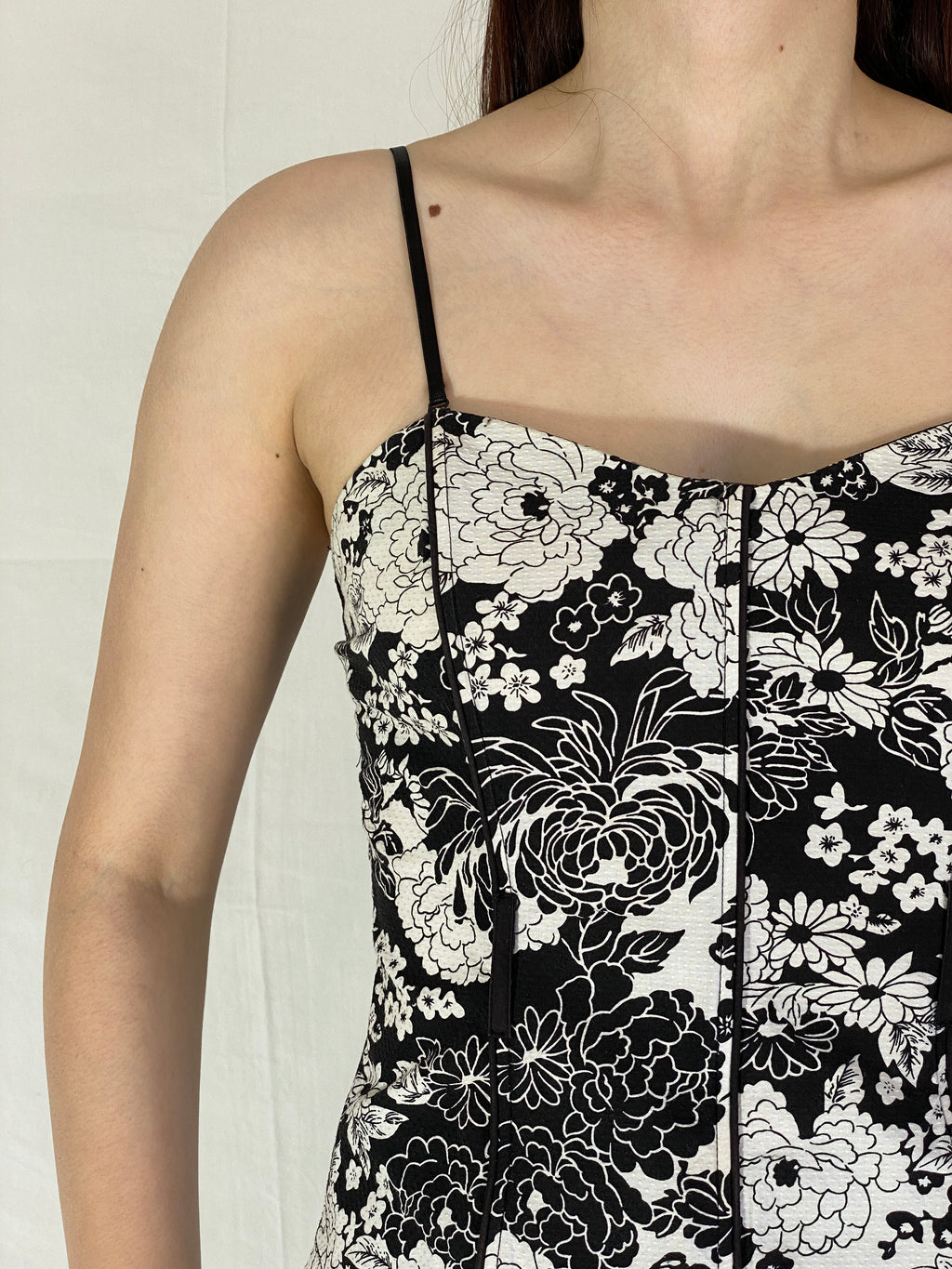 Vintage Y2K Xanaka Boned Corset Top Black & White Floral Bustier - S