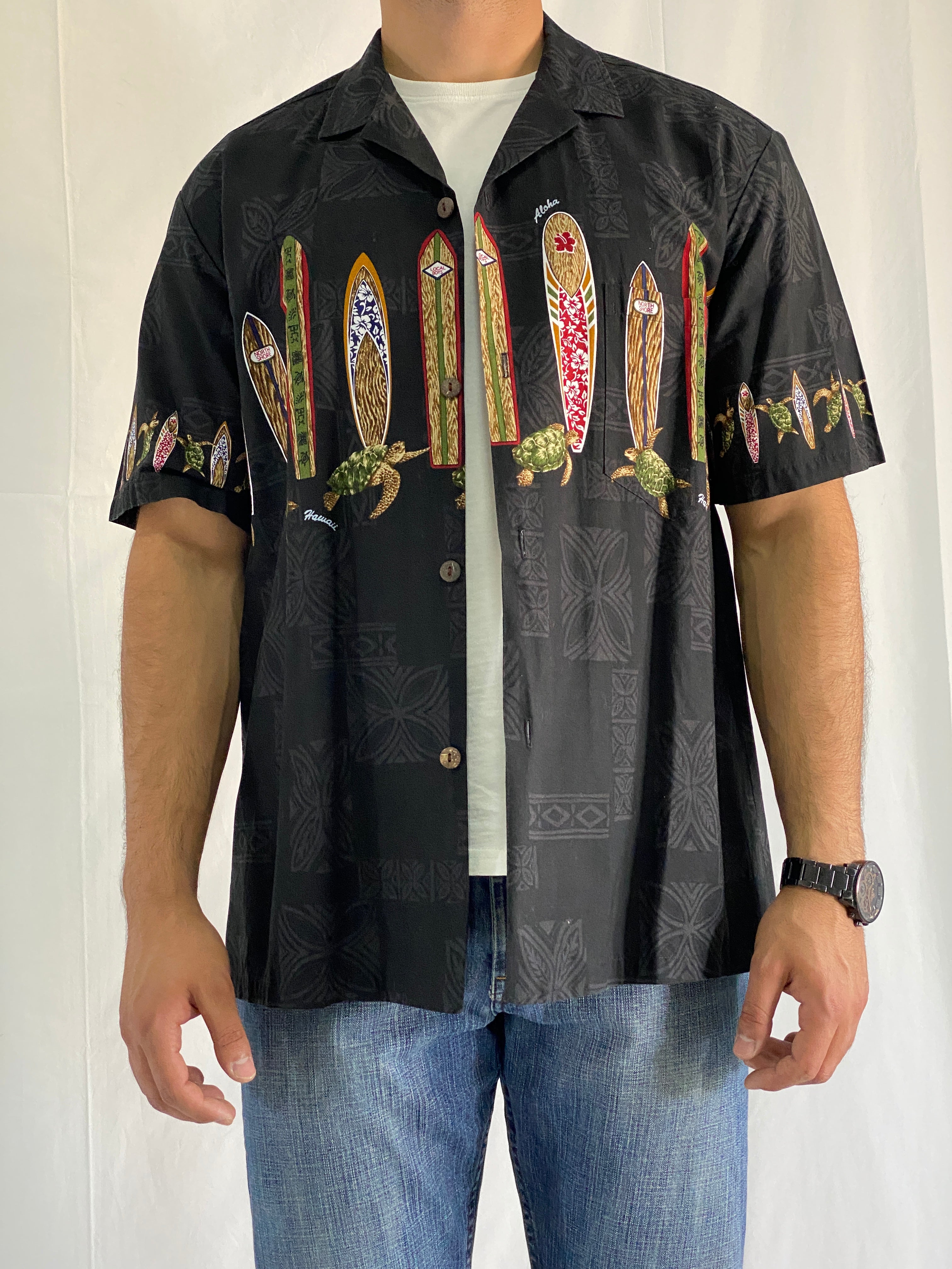 Royal Hawaiian Creations Black Cotton Aloha Surfboard And Turtle Print Men’s Short Sleeve Shirt - XL