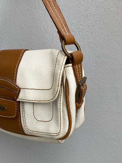 Vintage Y2K Mango Cream & Tan Leather Shoulder Bag Contrast Stitch Flap Mini Bag