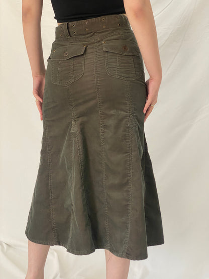 Y2K Yessica Olive Corduroy Midi Belted Panelled A-Line Skirt - S