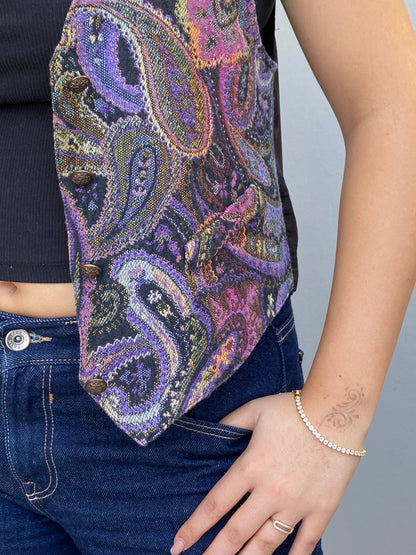 Vintage 90s Wrapper USA Purple Paisley Tapestry Vest Boho Waistcoat – M