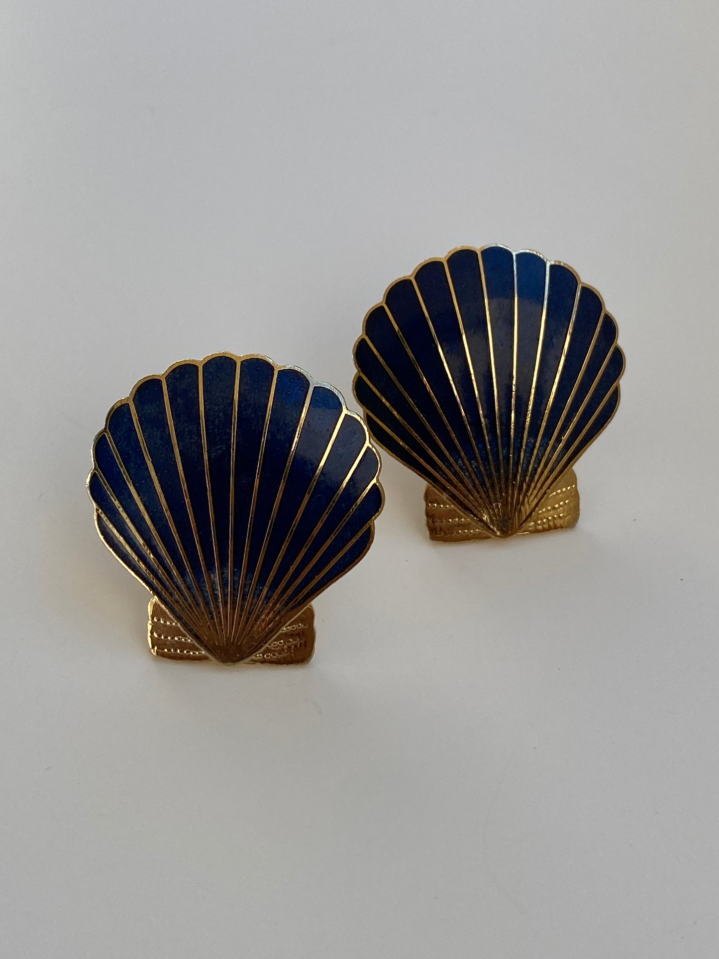 Vintage Navy Blue Enamel Gold-Tone Seashell Stud Earrings