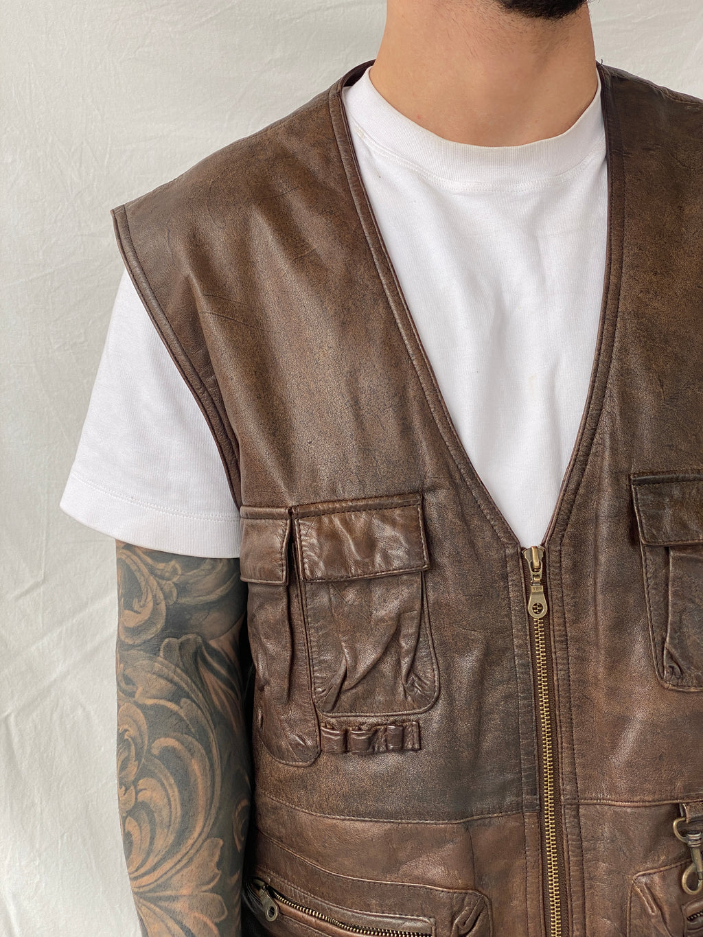 Vintage Men’s Safari Cargo Brown Genuine Leather Zip Up Vest - XL