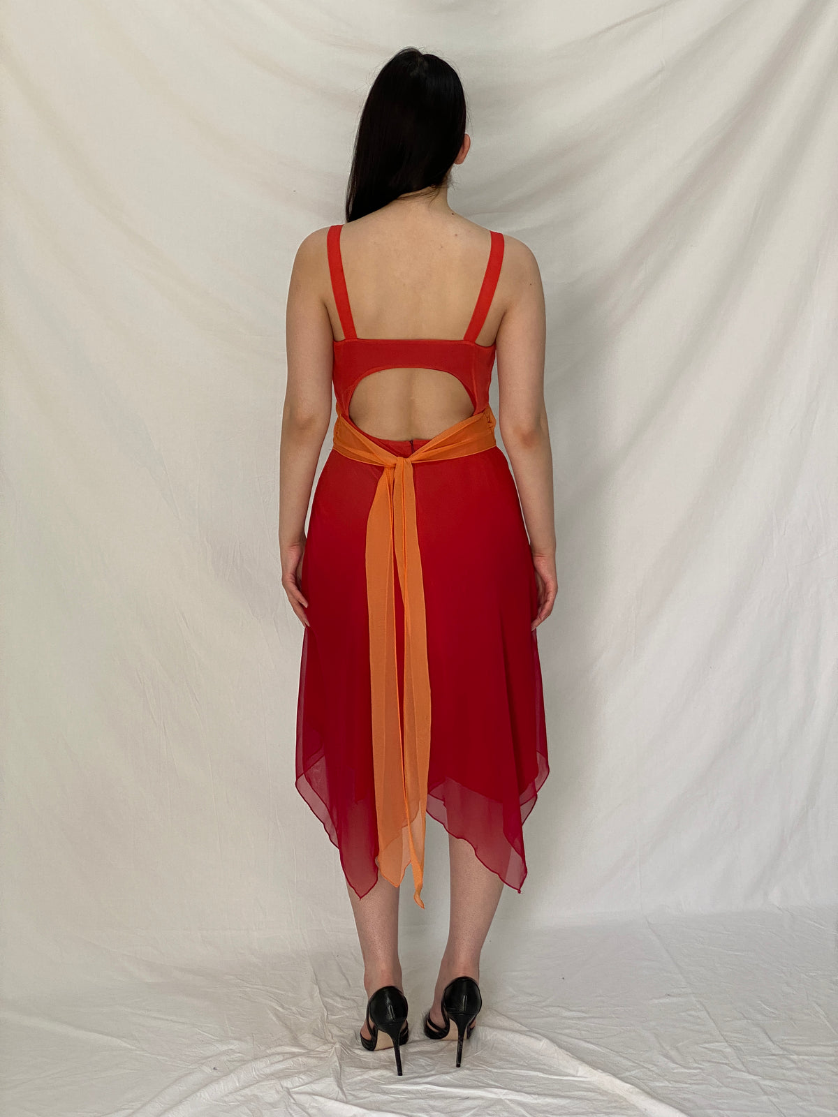 Vintage 90s BAY Red Orange Ombre Chiffon Midi Wedding Guest Dress – M Vintage 90s BAY Red Orange Ombre Chiffon Midi Wedding Guest Dress – M