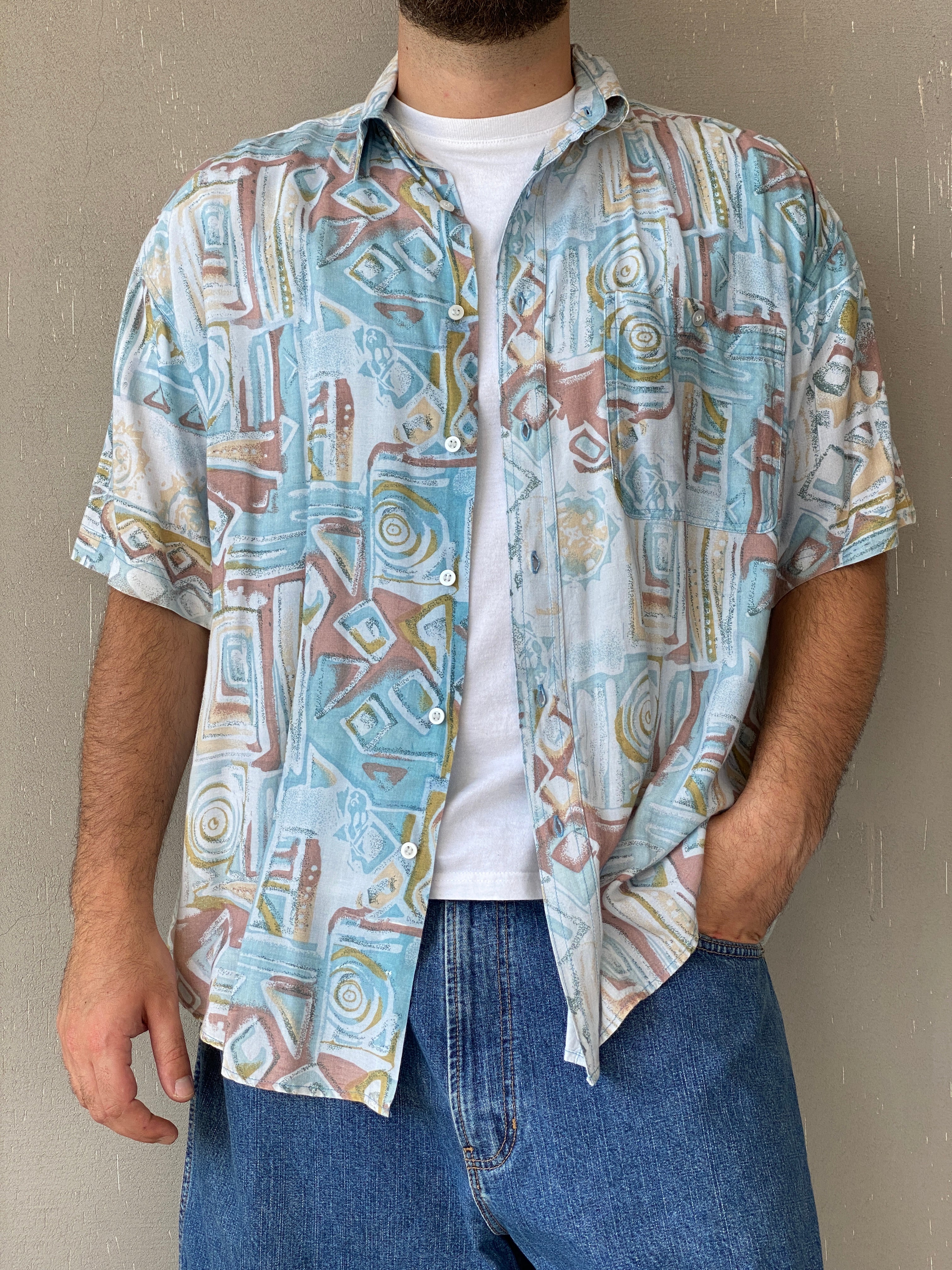 Vintage WEEKEND Pastel-Colored Printed Men’s Half-Sleeve Shirt - L