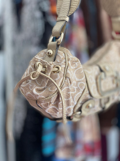 Vintage Y2K Guess Beige Monogram Canvas Moto Hobo Shoulder Bag