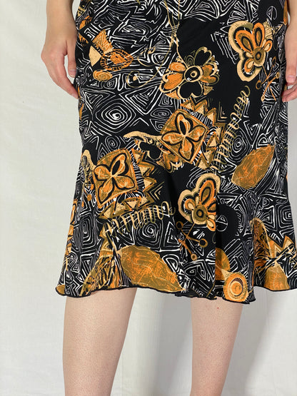 Vintage 90s Griffon Abstract Floral Black & Gold Print Midi Skirt – M