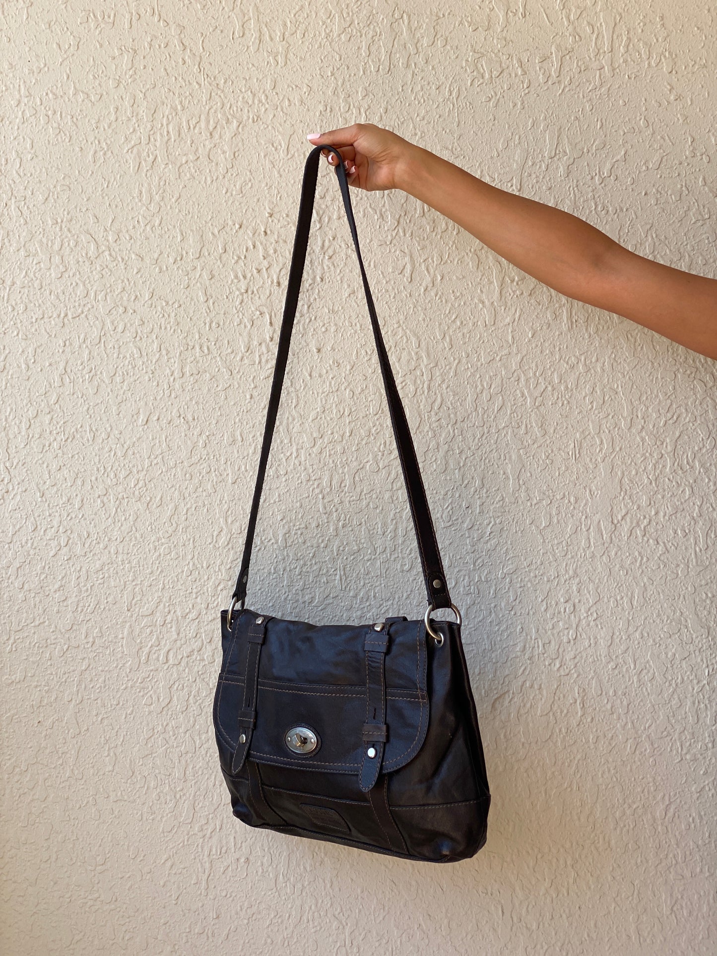 Vintage Y2K Fossil Long Live Vintage Black Distressed Leather Convertible Satchel Crossbody Bag