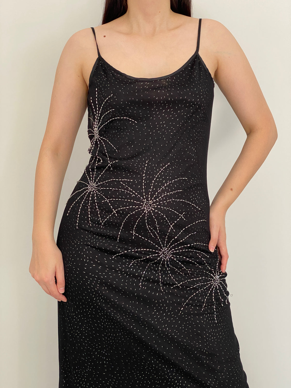 Vintage 90s Brilliante by J.A. Black Beaded Floral Mesh Maxi Slip Dress - S