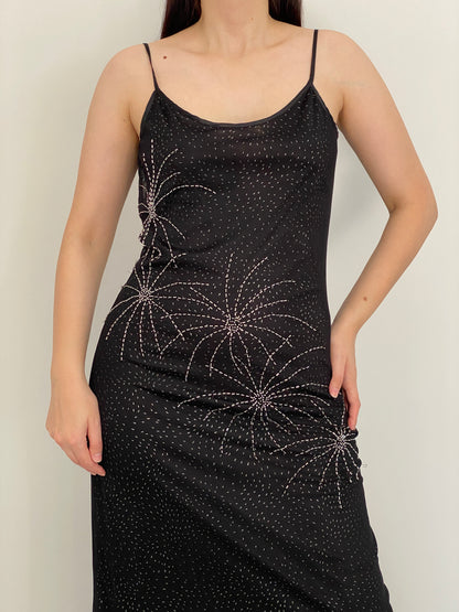 Vintage 90s Brilliante by J.A. Black Beaded Floral Mesh Maxi Slip Dress - S