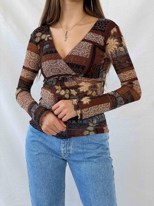 Vintage 90s Etam Full Sleeve Brown Mesh Top - Balagan Vintage Mesh Top consignment, full sleeve top, Isabella, mesh, mesh top, Mira, NEW IN