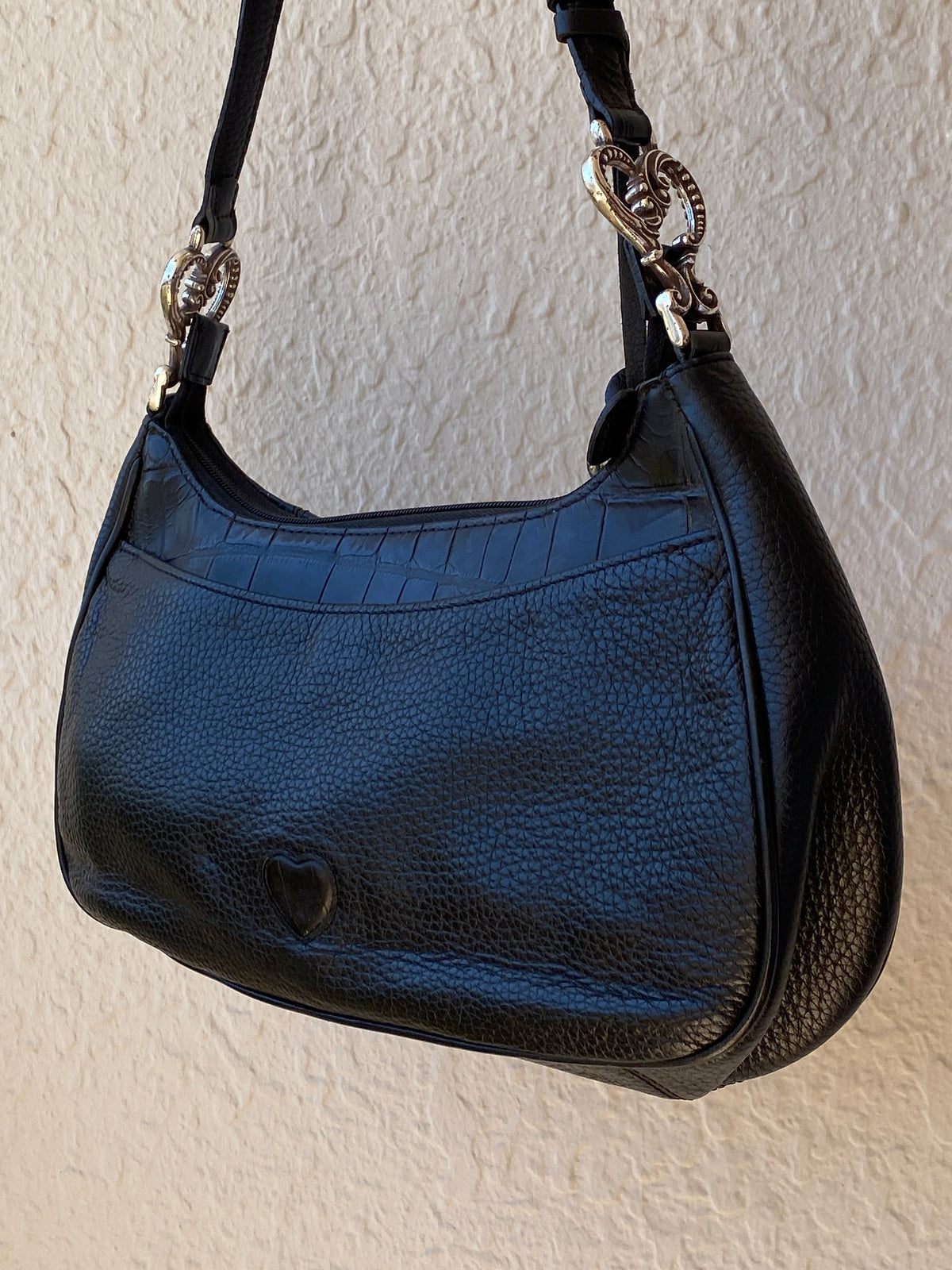 Vintage Y2K Brighton Black Genuine Leather Whimsigoth Shoulder Bag with Heart Charm Vintage Y2K Brighton Black Genuine Leather Whimsigoth Shoulder Bag with Heart Charm