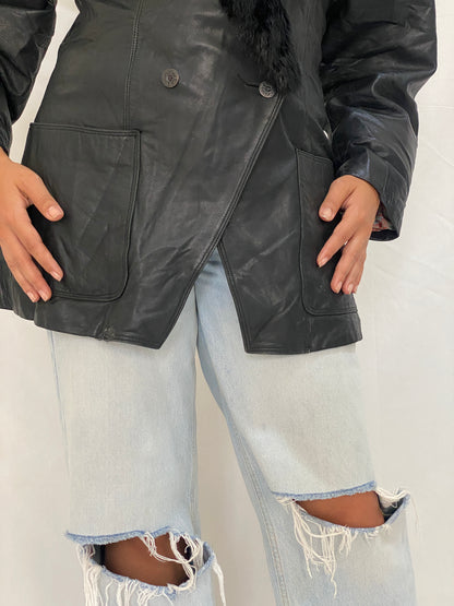 Vintage Patricia Italian Leather Coat Black Fur Collar 80s Oversized Blazer Jacket - M