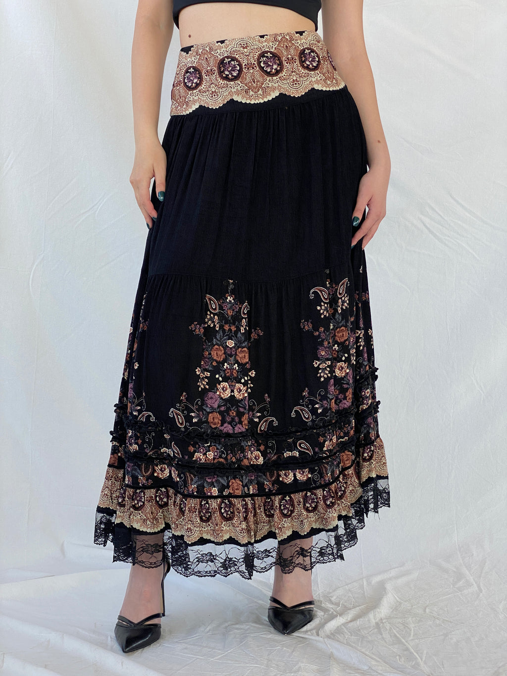 Vintage MOJJIL Black Boho Print Gypsy Maxi Skirt - M