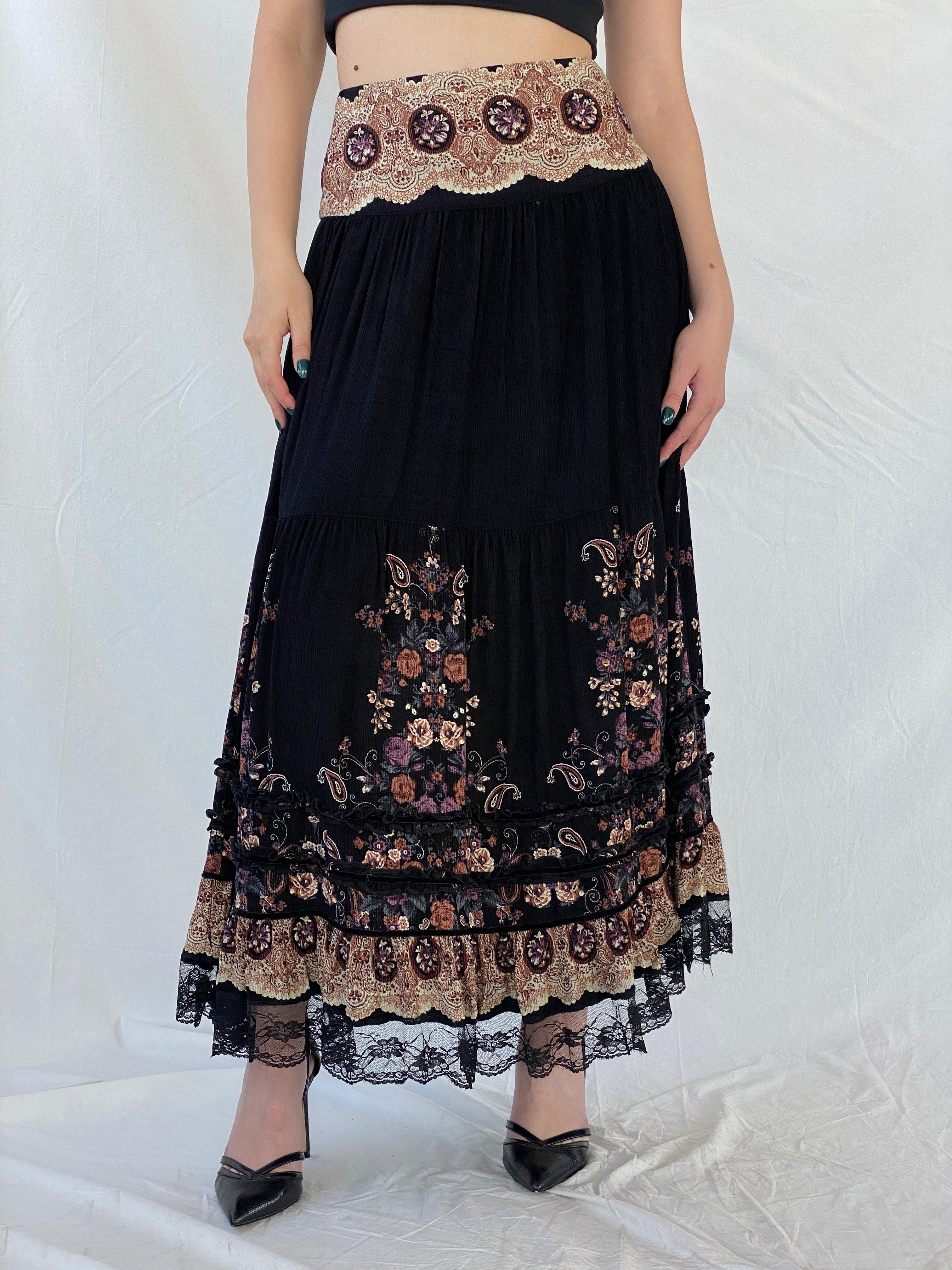 Vintage MOJJIL Black Boho Print Gypsy Maxi Skirt - M