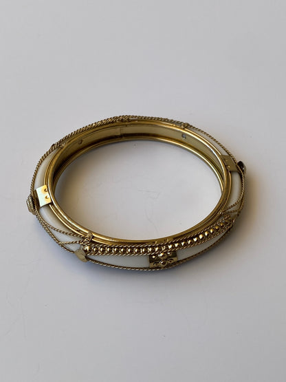 Vintage White Enamel & Gold Tone Hinged Bangle Bracelet Minimalist Luxe Statement Jewelry
