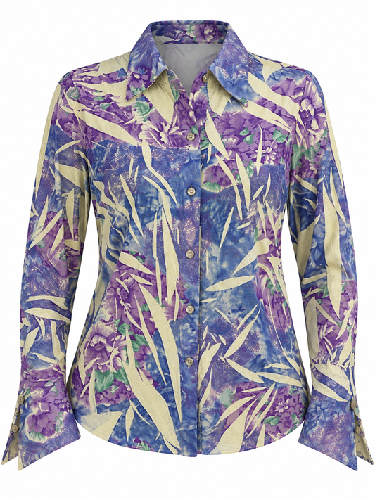 Vintage Hong Mei Purple Blue Floral Botanical Print Shirt – M