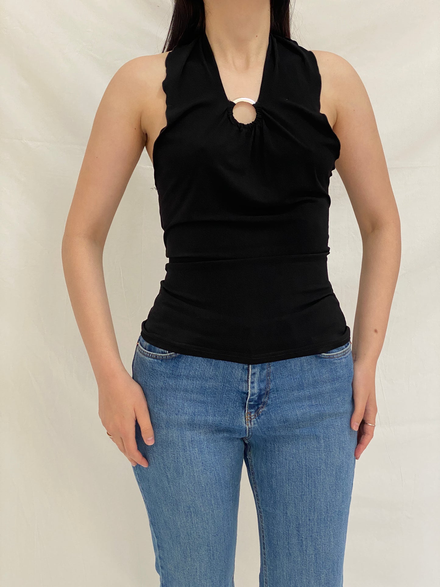 Vintage Y2K Black Halter Top Xanaka Ring Detail Draped Neckline - M