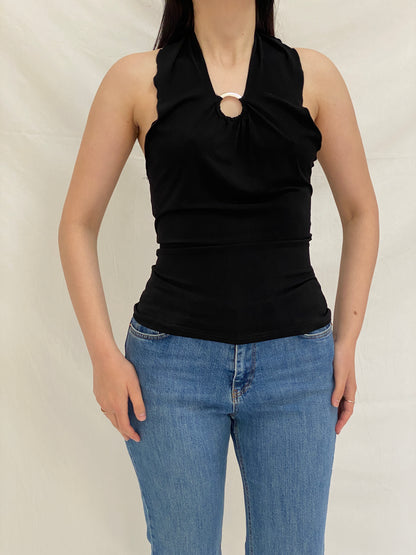 Vintage Y2K Black Halter Top Xanaka Ring Detail Draped Neckline - M