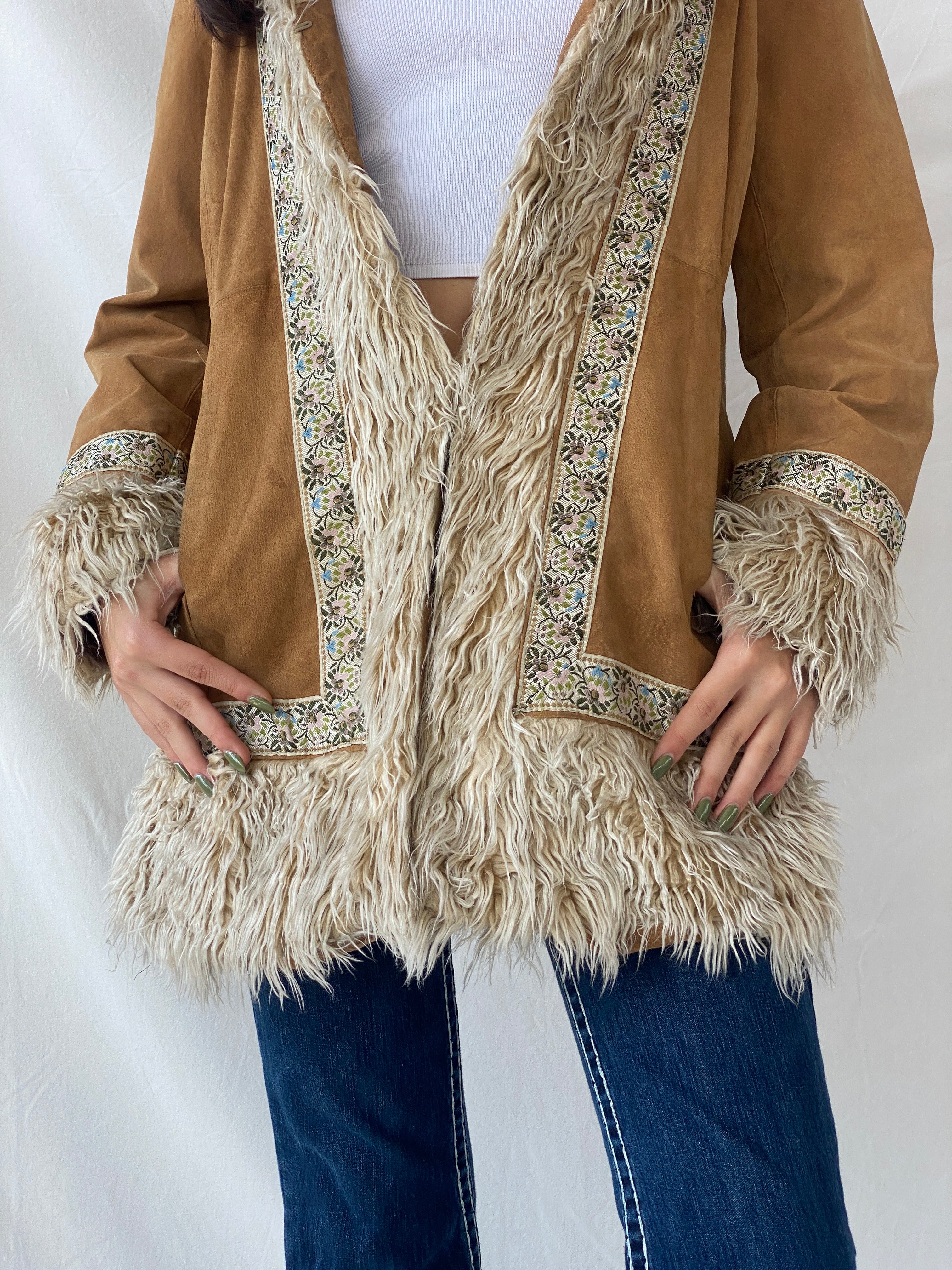 Vintage Y2K Xhilaration Genuine Suede Penny Lane Afghan Style Fur-Lined Floral Embroidered Coat - XL