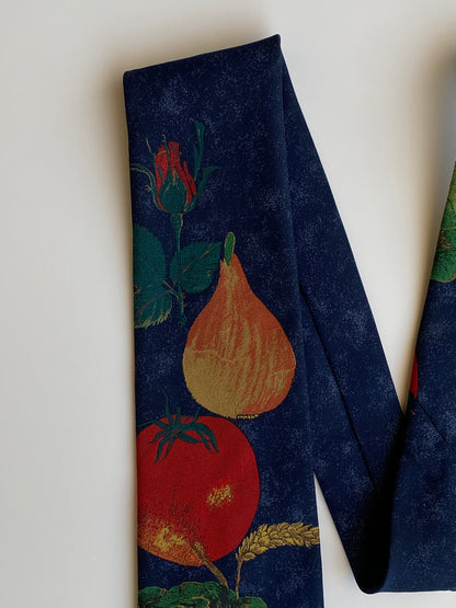 Vintage 1990s Hagelume Samen Zeker Navy Botanical Fruit Print Wide Necktie