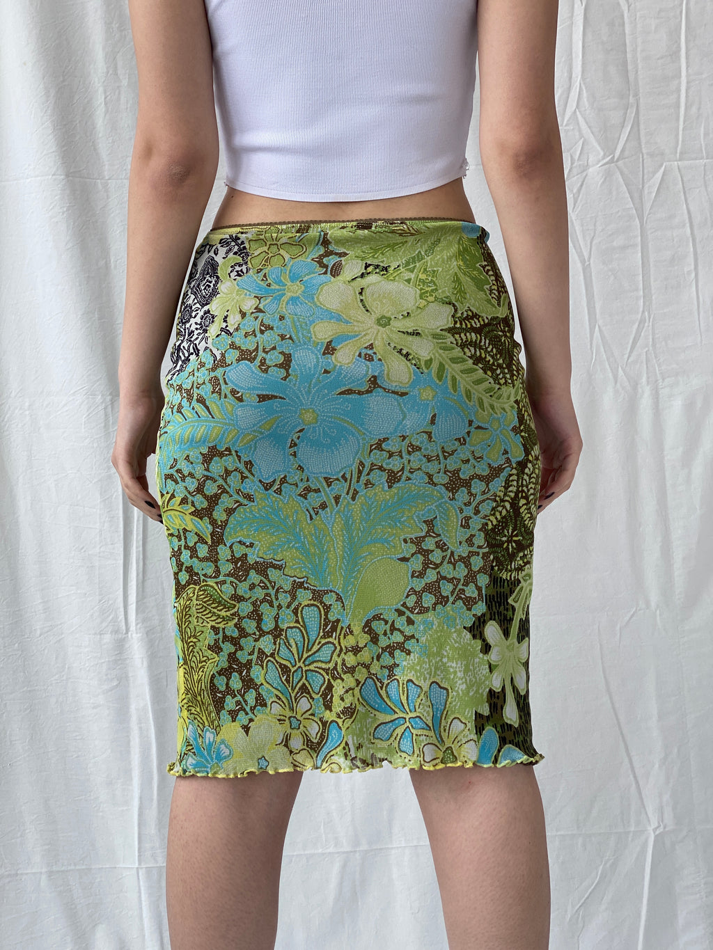 Vintage Y2K Public Paisley Floral Print Green Knee Length Skirt - M