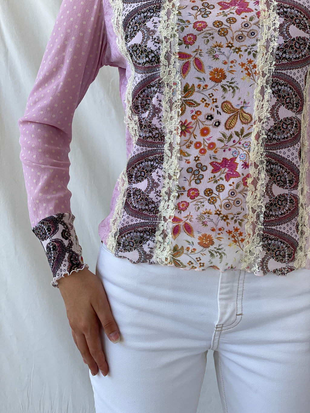 Vintage Taifun Collection Polka Dot Pink Lace Floral Detailing Long Sleeve Girly Coquette Mesh Top - L