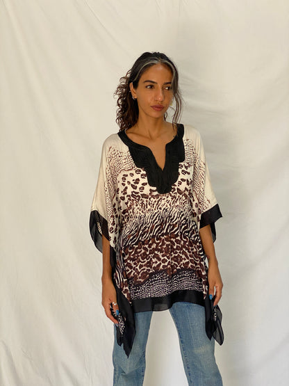 Vintage Y2K Kaelyn-Max Cream & Brown Animal Print Polyester Boho Kaftan Tunic Top - M