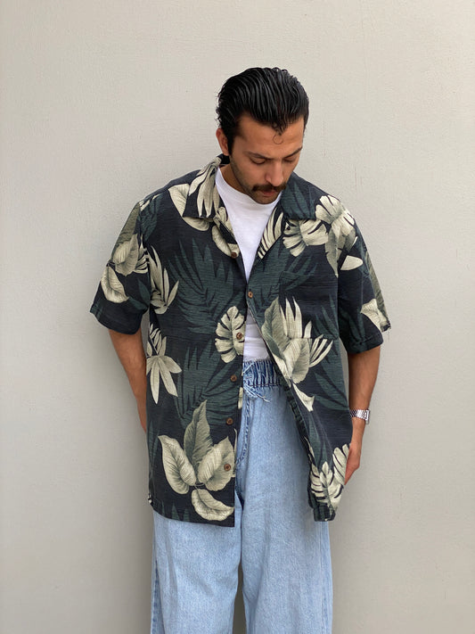 Vintage Havana Jacks Café Tropical Leaf Print Silk Hawaiian Shirt – XL