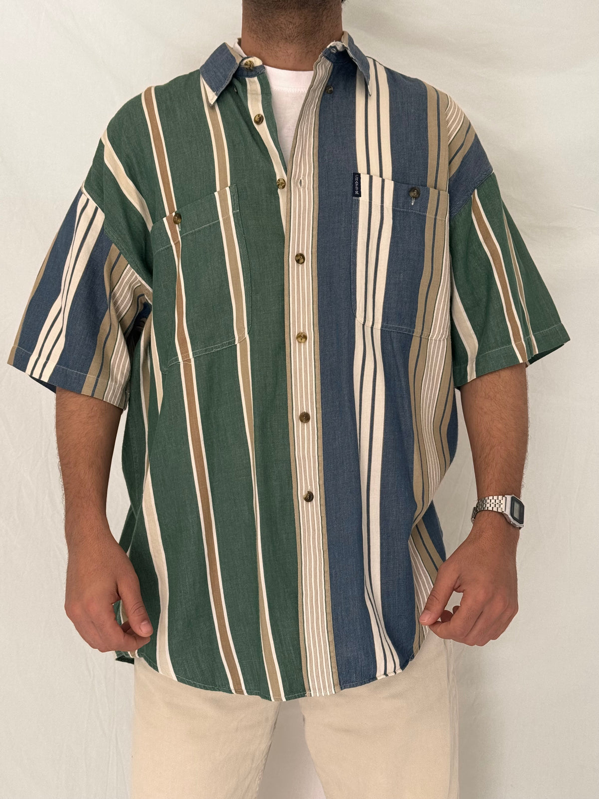 Vintage 90s Chaps Ralph Lauren Green Blue Striped Cotton Shirt - L Vintage 90s Chaps Ralph Lauren Green Blue Striped Cotton Shirt - L