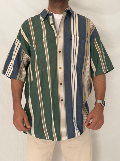 Vintage 90s Chaps Ralph Lauren Green Blue Striped Cotton Shirt - L