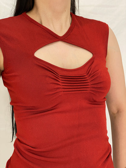 Vintage Y2K Cache Rust Red Rayon Blend Keyhole Knit Top – S