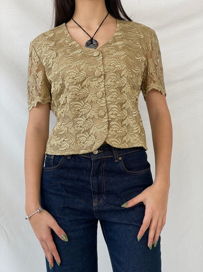 90s DETAIL Premium Collection Gold Floral Lace Short Sleeve Blazer Shirt - L