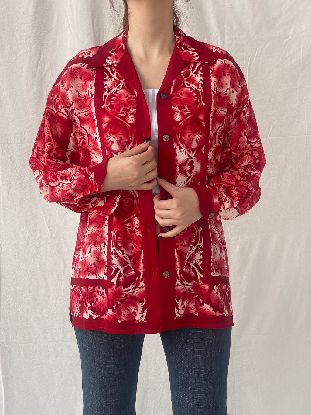 Vintage 90s Le Caviar Red & White Floral Full Sleeve Women’s Shirt - M