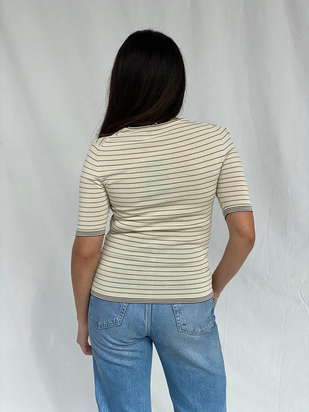 Vintage Beige Striped Women’s Top with Ruched Panels & Contrast Stitching - S