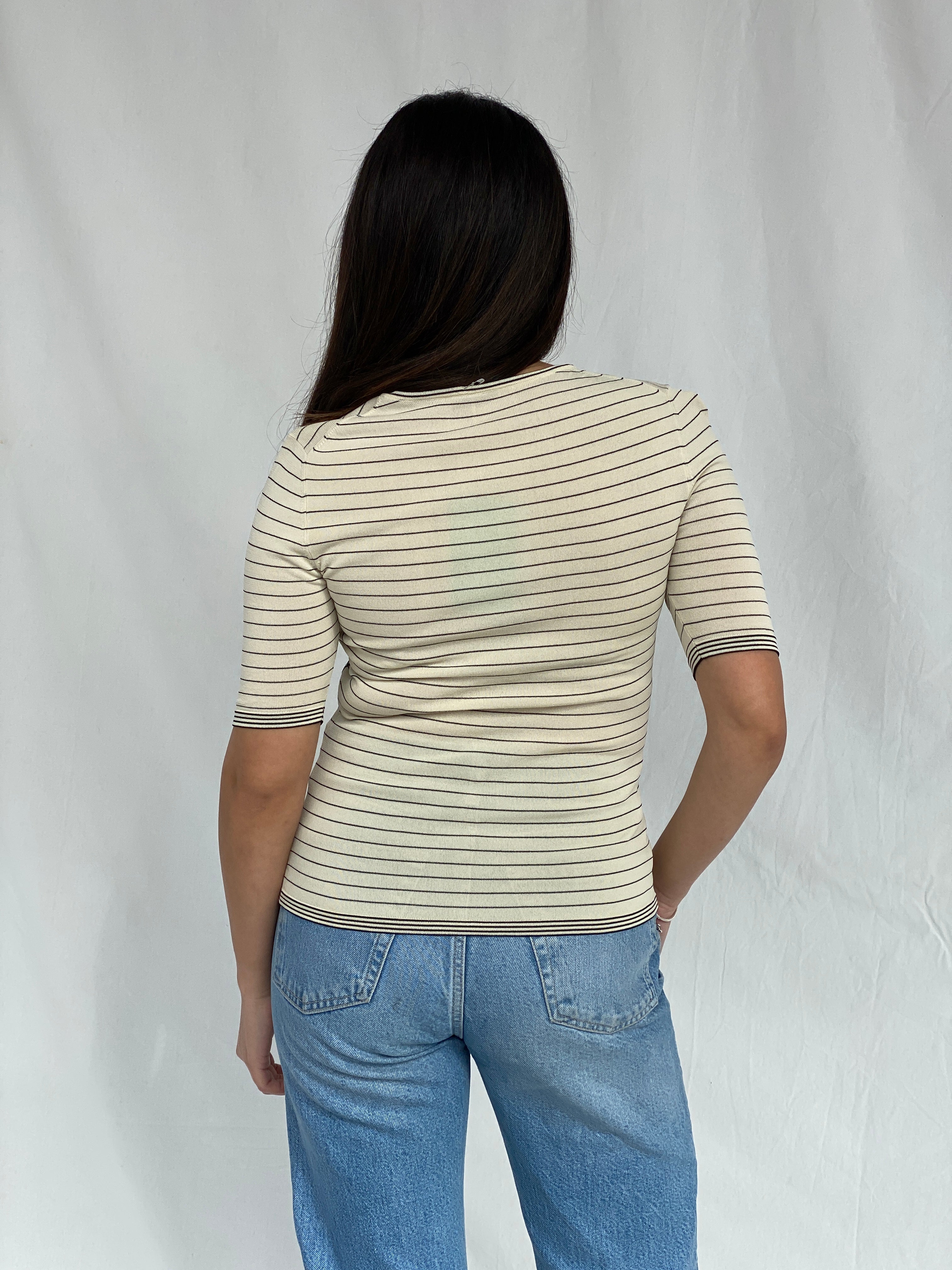 Vintage Beige Striped Women’s Top with Ruched Panels & Contrast Stitching - S