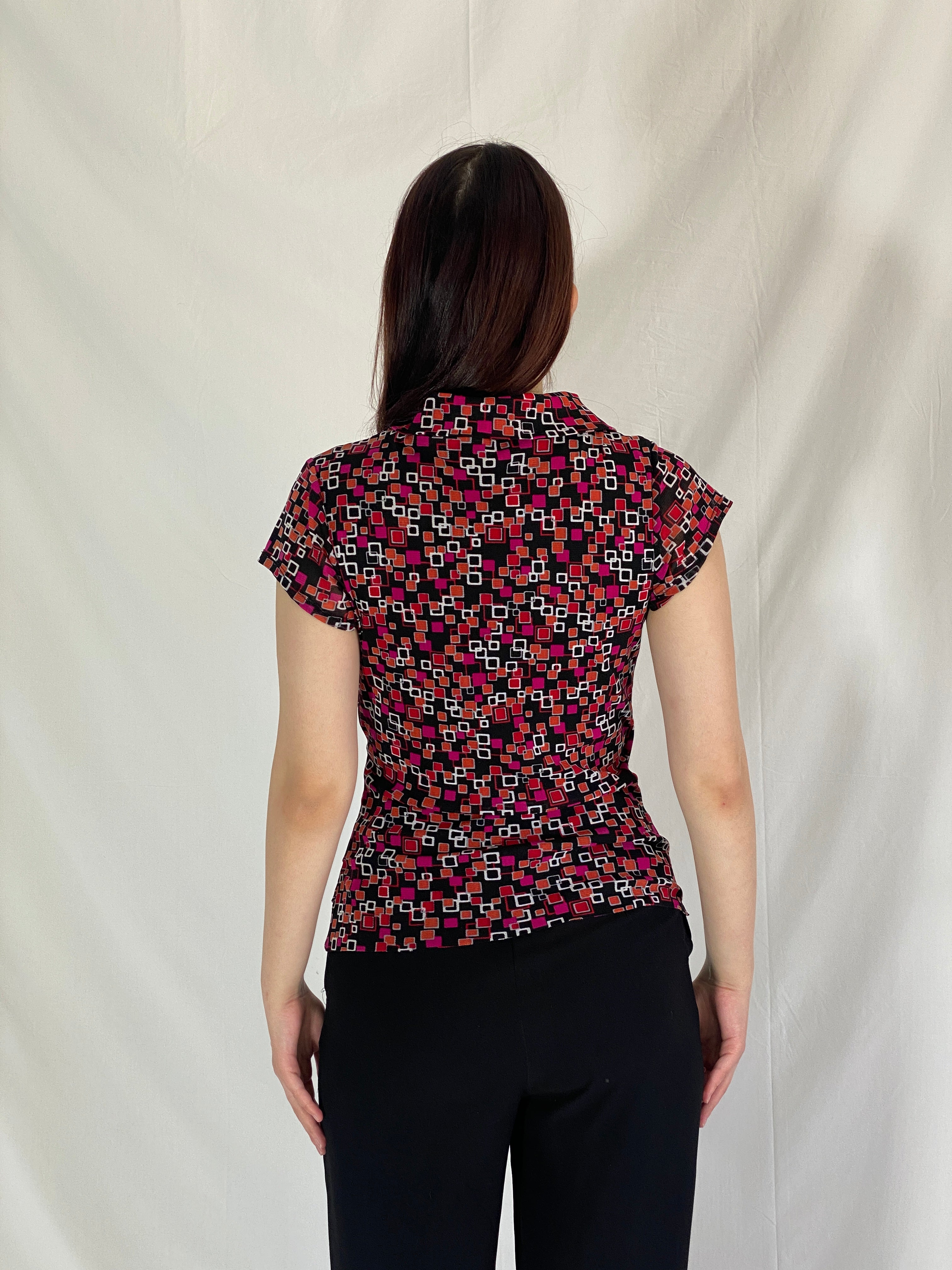 Y2K Marco Polo Ruched Wrap Waist Top Geometric Print Short Sleeve Blouse - M