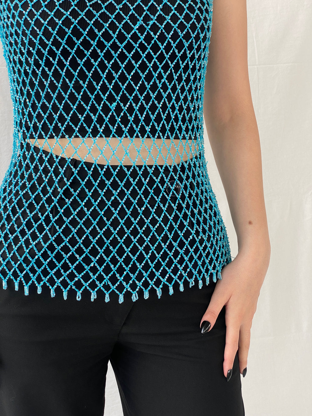 Vintage Y2K 2xtremz Women’s Net Beaded Crochet Blue Top - L