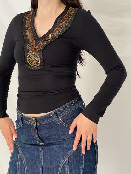 Vintage NOTE Black Embellished V-Neck Top Y2K Boho Stretch Long Sleeve Blouse - S